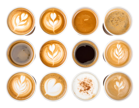 Set of paper take away cups of different coffee latte or cappuccino, top view, isolated on transparent png