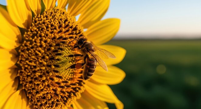 Close up of a honey bee collecting pollen on a yellow sunflower
