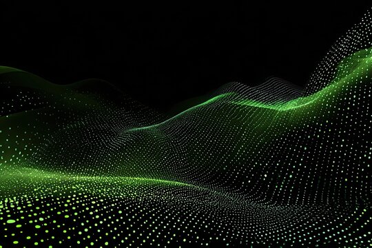 Abstract digital landscape of glowing, undulating green and gray dots on black background