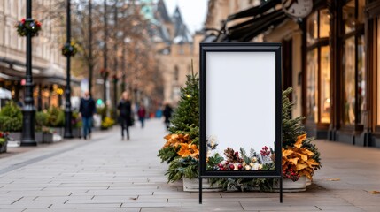 Empty Sign on the Sidewalk: A blank sign stands invitingly on a bustling sidewalk in a city, with pedestrians strolling and a sense of urban life filling the space.  Generative Ai