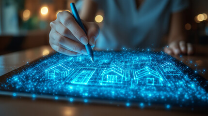 Naklejka premium Tablet and smart stylus in creative use, showing a smart home layout being drawn, symbolizing interactive control