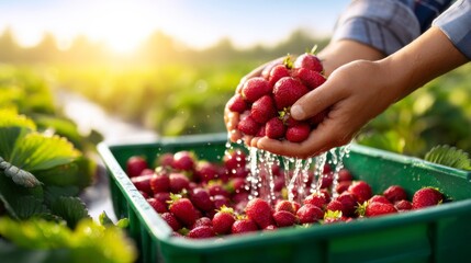 Fototapeta premium A person harvests fresh strawberries, pouring them from their hands into a green crate, surrounded by vibrant strawberry plants under a warm sunlight.