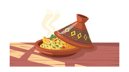 Steaming Moroccan Tagine: A Delicious Culinary Illustration of Couscous, Lemon, and Traditional Pottery on a Wooden Tabletop, Capturing the Essence of North African Cuisine