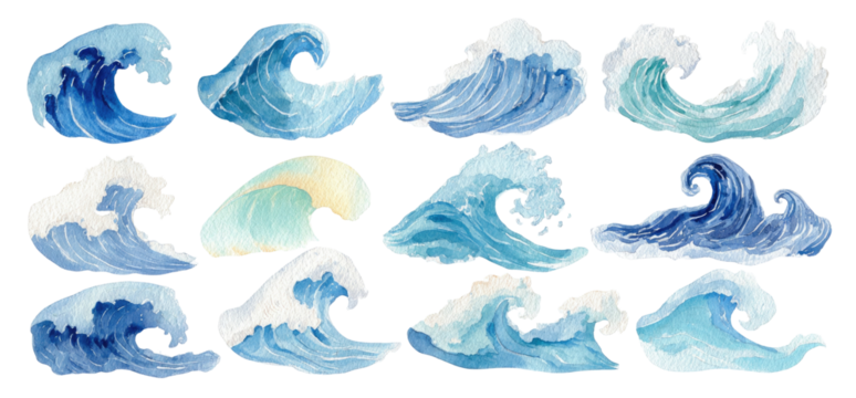 Twelve stylized ocean waves in shades of blue and white