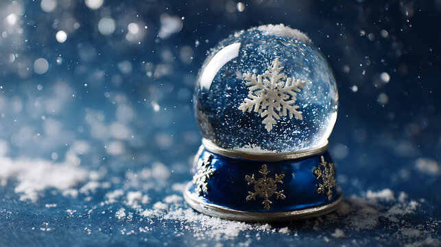 “A snow globe on a blue background, containing a cozy winter cabin with smoke rising from the chimney - Powered by Adobe