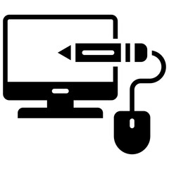 Digital Creativity Black Fill Outline Icon Design Vector - Monitor with pencil and mouse, symbolizing digital art, creativity, and graphic work