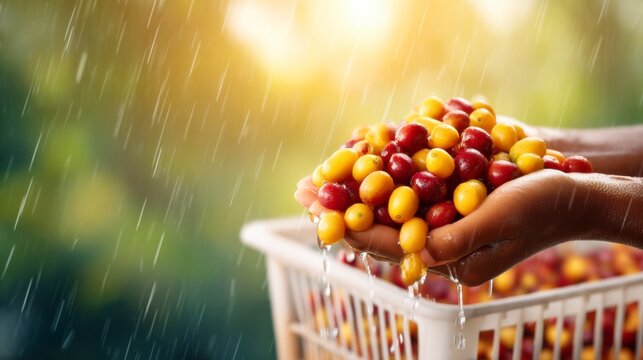 Hands hold colorful coffee cherries while rain gently falls, capturing the essence of nature's bounty in a vibrant, fresh setting. - Powered by Adobe