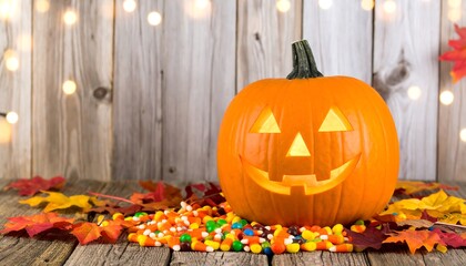 Obraz premium Illuminated jack-o'-lantern rests on wooden surface among autumn leaves and candy