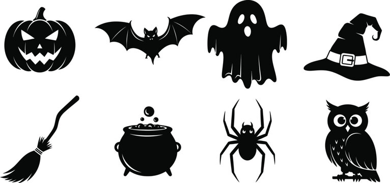 Spooky halloween silhouette with pumpkin, bat, ghost, hat, broom, cauldron, spider, and owl