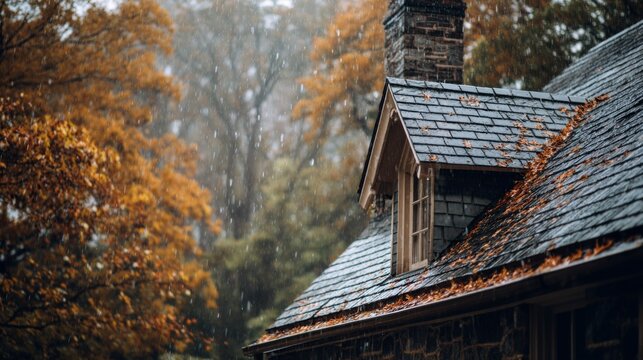 Country house roof with autumn leaves in rainy weather