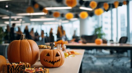 Halloween decorations with pumpkins and candy in modern office space  