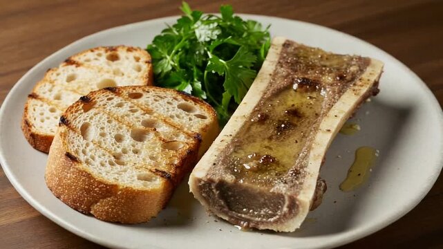 Savory bone marrow dish with toasted bread and herbs