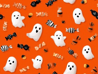 Obraz premium Seamless repeat pattern with Halloween candy and ghosts in black on orange, luxury sublimation print effect, vector SVG file for commercial textile use.