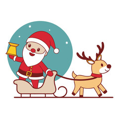 Cartoon Santa Claus Riding Sleigh Pulled by Reindeer with Bell on White Background Keywords: Christmas, Santa Claus, reindeer, sleigh, holiday, festive, winter, celebration, jolly, gift, present