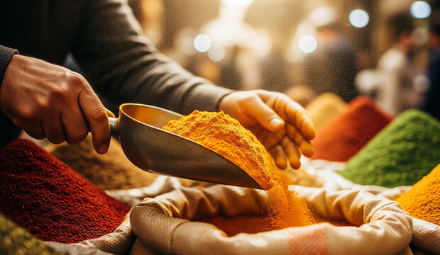 A street food vendor at a bustling market scoops a generous portion of vibrant, golden turmeric or curry powder from a large sack, showcasing exotic spices.
