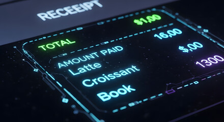 Futuristic Digital Receipt Interface with Latte Croissant and Book Purchase