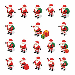 Vector set of isometric Santa Claus icons with 3D perspective. Festive red outfit, gift bag, and cheerful poses, modern design for holiday and seasonal projects.