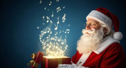 santa claus opening magic gift box with glowing musical notes