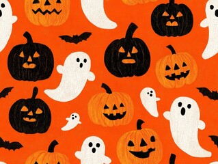 Seamless repeat pattern with Halloween candy and ghosts in black on orange, luxury sublimation print effect, vector SVG file for commercial textile use.