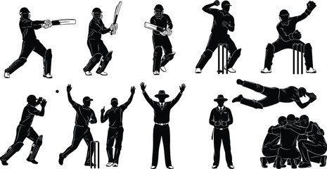 Cricket players action silhouettes batting, bowling, catching, fielding, umpire signals, team celebration, cricket game moments, sports silhouettes, cricket match