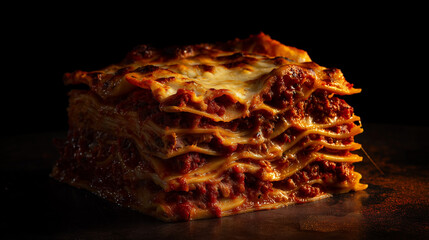 Homemade lasagna layers with melted mozzarella, tomato sauce, and crispy cheese edges