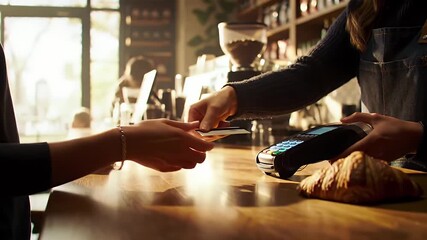 A Customer Makes a Contactless Payment at a Cafe Counter with a Golden Bracelet on Their Wrist and a Croissant on the Side Under Sunlight in a Cozy Cafe Atmosphere - Powered by Adobe