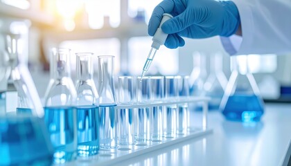 scientist hand pipetting liquid into test tube in medical laboratory