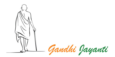 Minimalist Gandhi Jayanti illustration with Mahatma Gandhi walking from behind, holding stick, and tricolor text honoring peace and simplicity