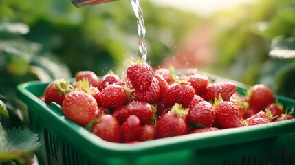 Fresh strawberries are being watered in a green basket, highlighting vibrant colors and the essence of nature's bounty.