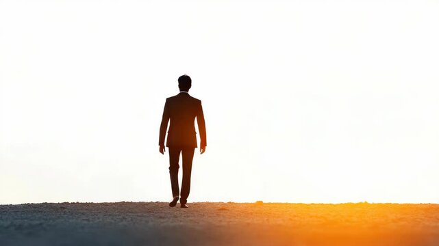 Asian man in suit walking away at sunrise