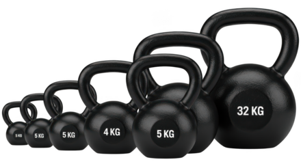 Set of kettlebells of different weights isolated on transparent background