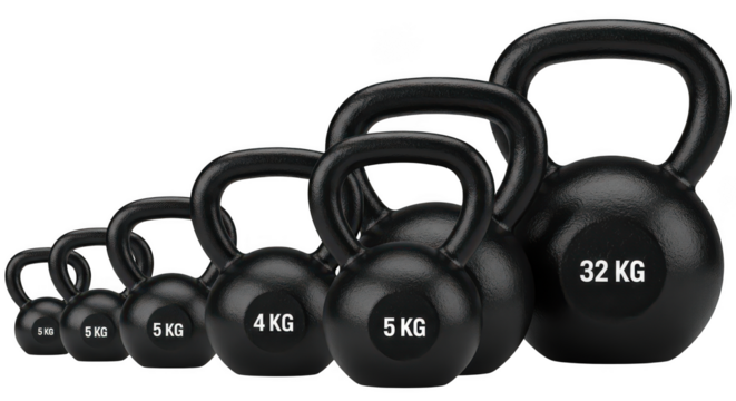Set of kettlebells of different weights isolated on transparent background