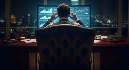 A man in a suit analyzes financial charts at a desk in a high-rise office. The cityscape visible through the large windows provides a backdrop to the scene