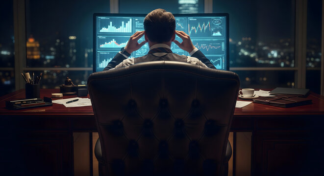 A man in a suit analyzes financial charts at a desk in a high-rise office. The cityscape visible through the large windows provides a backdrop to the scene