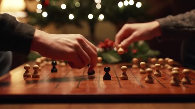 Two People Playing Draughts by Christmas Tree, Strategic Moves and Festive Atmosphere