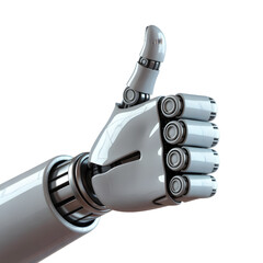 Advanced robotic hand giving a positive thumbs up gesture, symbolizing approval and success in technology.