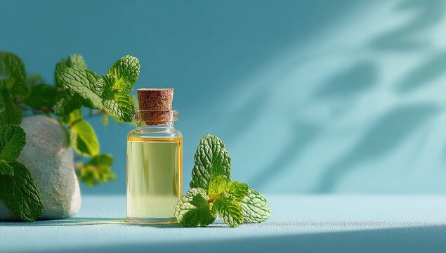 Mint essential oil in a small glass bottle, surrounded by fresh mint leaves and a light stone