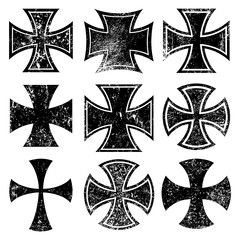 Set of grunge iron cross symbols in vintage distressed style, Transparent Background