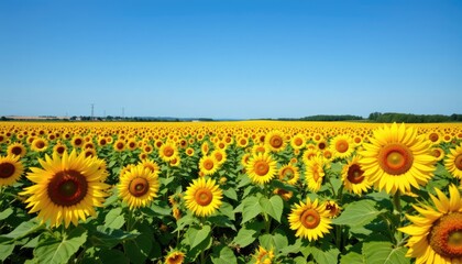 Bright Sunflower Field Under Clear Blue Sky Capturing the Beauty of Nature's Vibrant Colors in Late Summer