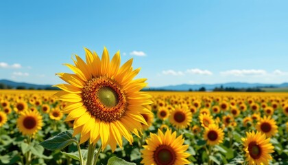 Bright and Cheerful Sunflower in Vibrant Field Under Clear Blue Sky on a Sunny Day