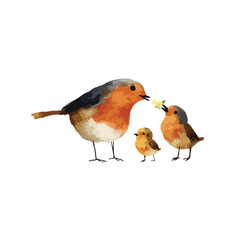Watercolor Robins Sharing a Flower Depicting Family Love and Care