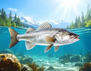 Fish swimming in a scenic mountain river