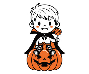 Adorable Halloween Vampire Child with Lollipop on Pumpkin