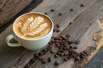cup of latte coffee in the shape of tree on old wooden background 