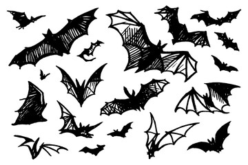 Flying bats collection in hand drawn sketch style, Transparent Background
