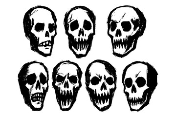 Hand drawn skull collection in bold black outline style, Transparent Background