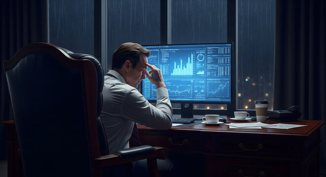 A stressed businessman, focused on the computer in a dim office at night