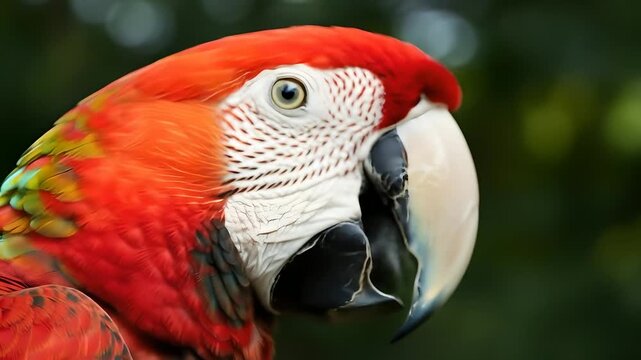 Red macaw portrait, vibrant colors, sharp focus then rack focus, eye detail, jungle background, parrot pet, zoo, wildlife. For birdwatching tourism, animal education. 