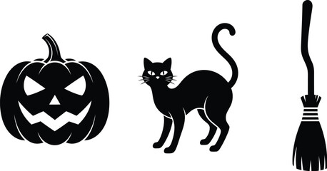 Halloween icons set with pumpkin, cat and broom for halloween party decoration and celebration design