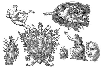 Classical renaissance art figures and antique sculptures in vintage engraving style, Transparent Background